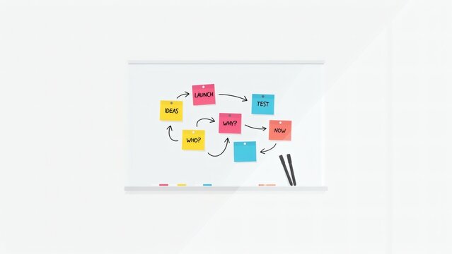 Colorful sticky notes arranged in a process flow diagram on a clean white office whiteboard with workflow diagram minimalist board office environment