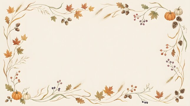 Elegant watercolor thanksgiving day border with autumn leaves and pumpkins for seasonal holiday greeting cards