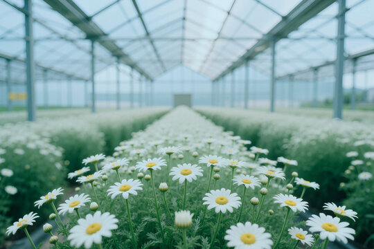 Wide angle view of daisy flowers growing in greenhouse rows, supporting controlled cultivation and floral supply chain. Ideal for agriculture, horticulture, sustainability marketing