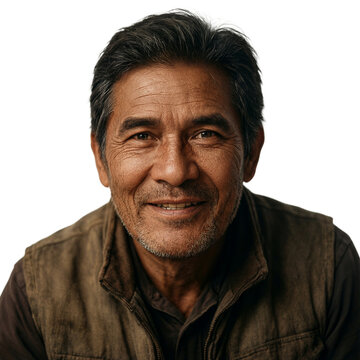 Indigenous man portrait smirk isolated brown vest studio shot of a mature male with a knowing expression on a transparent background