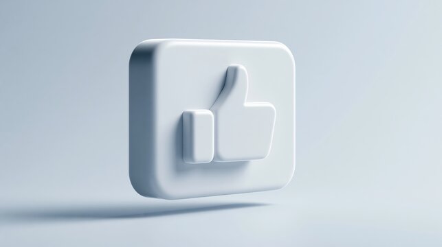 concept of engagement and social interaction. 3D illustration of a blue square button with a white thumbs-up icon floating against a light blue background
