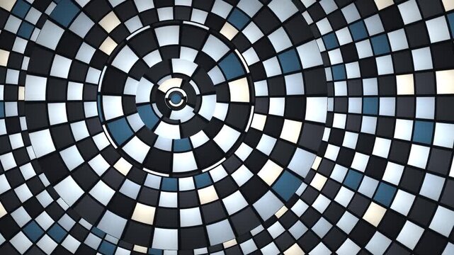 Fan Laid Mosaic Pavement of Beveled Tiles in Concentric Courses That Double and Counter Rotate, Seamless Loop in subtle grey tones