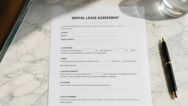A top down view of a Rental Lease Agreement document details lease term, rent, and security deposit clauses, with a pen resting beside it on marble for tenancy related content
