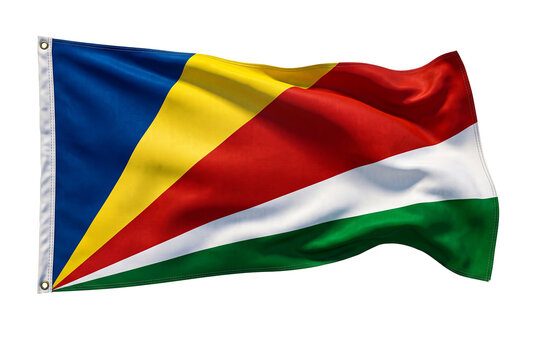 Waving seychelles flag isolated on transparent background closeup, symbol of freedom.