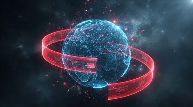 Digital render of a glowing blue globe encircled by a red holographic data ring against a dark space background with particles World AIDS Day