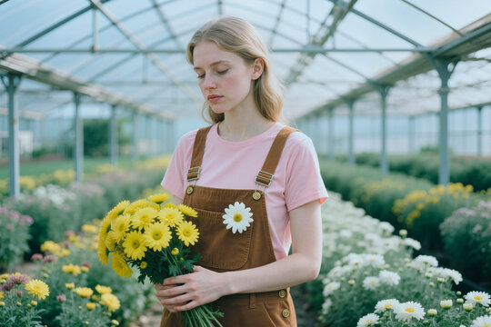 Young adult Caucasian woman holding flower bouquet and working in greenhouse, representing floriculture and sustainable cultivation. Useful for gardening, agriculture, retail flower business