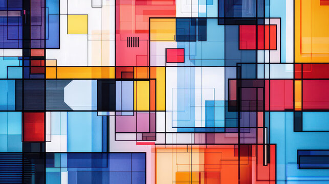Colorful abstract geometric design with overlapping shapes and lines creating vibrant composition