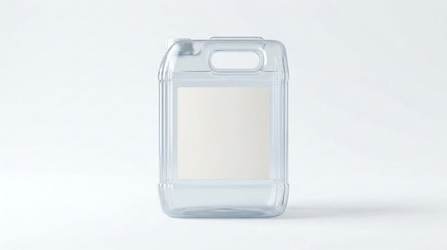 Clear plastic jerrycan container with a blank label for liquid chemicals or water storage product mockup. 5 gallon water jug