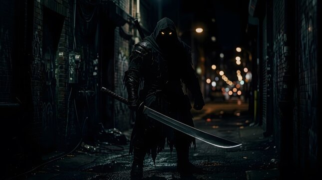 Mysterious hooded warrior with glowing eyes holding a sword in a dark urban alleyway