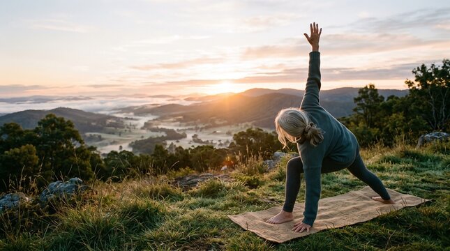 Active senior woman practicing yoga pose on mountain peak at sunrise