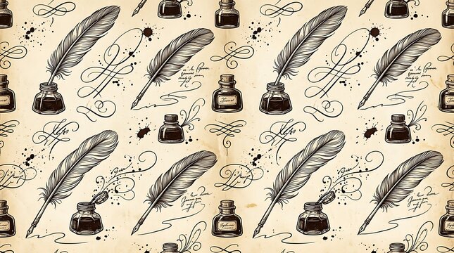 Vintage ink pens and inkwells pattern for writing and calligraphy