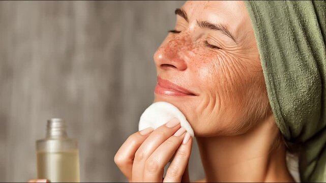 Smiling mature woman with freckles and towel on head applying skincare toner with cotton pad.