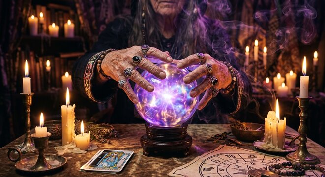 Fortune teller hands over a glowing crystal ball during mystical ritual with tarot cards and candles