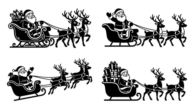 Black and white Santa sleigh with reindeer illustrations. vector illustration