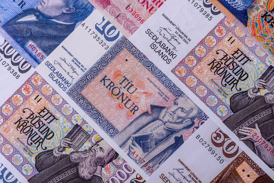 Iceland, Icelandic paper banknotes krona for settlements and financial transactions. Icelandic krona