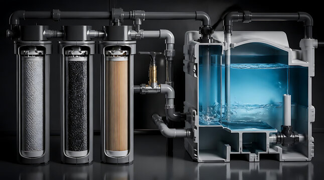 Industrial water filtration purification system crosssection view.