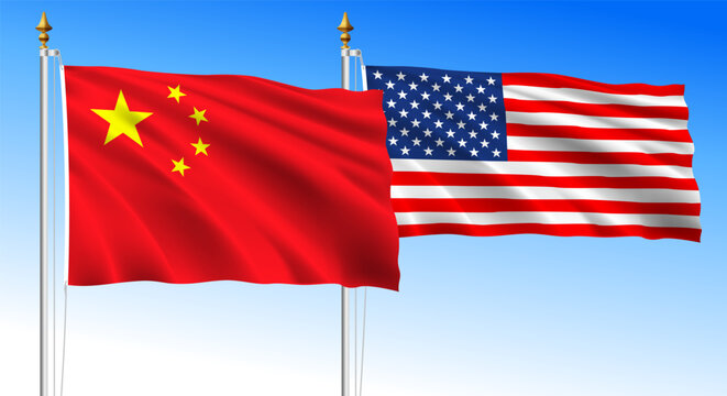 China - United States summit USA 2026, waving flags on blue sky background, vector illustration