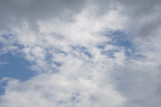 sprawling sky view filled with soft white and gray stratocumulus cloud formations drifting across patches of light blue. Ideal for atmospheric background textures, meteorology themes, open outdoor hor