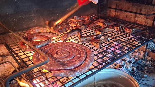 Man turning traditional South African Boerewors and lamb chops on a wood fired braai