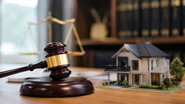 A close up of a judge's gavel rests beside a detailed two story house model with a brass scale of justice and blurred law books arranged on a wooden desk in the background