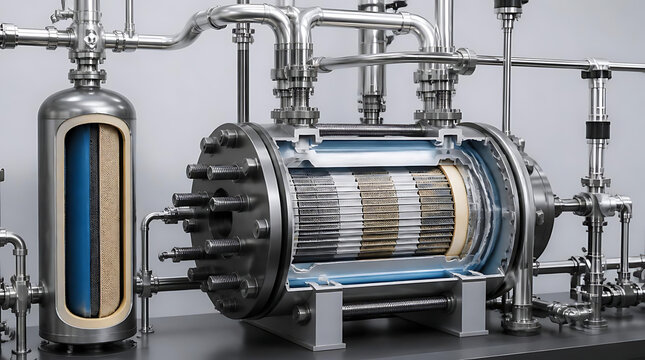 Industrial distillation machinery with cross section view.
