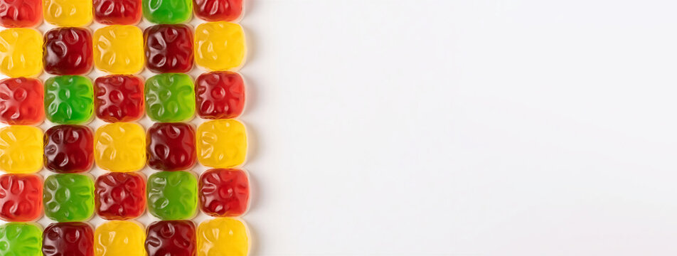 Top view of colorful square gummy candy arranged in a grid pattern on a white background. This flat lay features copy space for fruit jelly food concepts