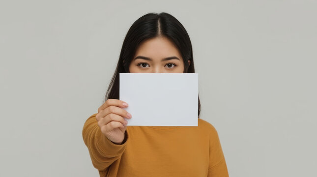 Asian woman holding blank card in front of face with neutral expression