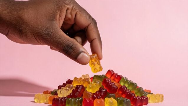 Close-up of a person of color's hand picking a yellow gummy bear from a colorful pile. Studio shot against a pink background