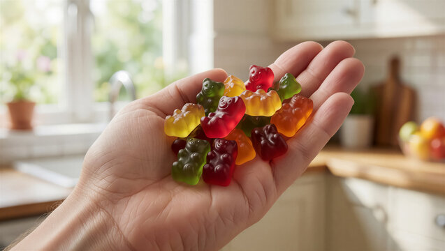 Close-up of a human hand holding a handful of colorful gummy bear candy in a bright kitchen. A sweet treat of delicious gelatin snack