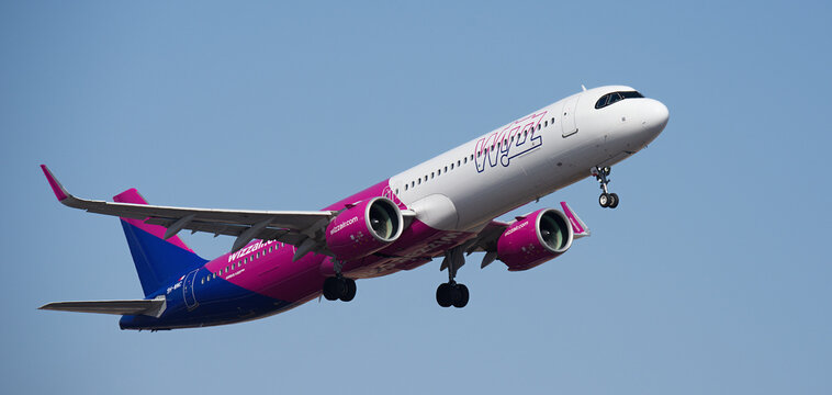 Tenerife, Spain august 31st, 2026. Airbus A321-271NX Wizz Air airlines, flies in the blue sky. Takeoff at Tenerife Airport