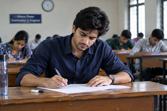 Focused Student in Examination Hall, A young man focused on doing his exam paper in an exam hall.