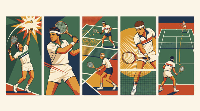 Vintage tennis player illustration set, retro sports comic posters. Flat vector tennis match scenes with male athletes, 5 panel collection.