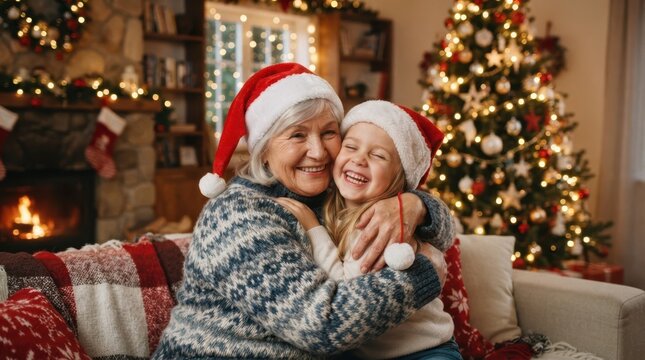 Merry Christmas Happy grandmother and young granddaughter embracing in front of glowing christmas tree at home for warm holiday celebration