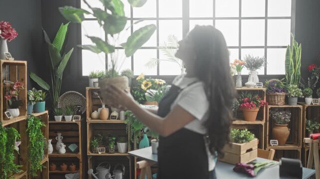 Woman holding a potted plant with hands inspecting leaves, wearing apron and long hair beside sunlit window in florist studio; plant care serenity.