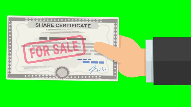 Businessman hand presenting stock share certificate stamped for sale representing equity liquidation and trading. Chroma key green screen with alpha channel. (loopable)