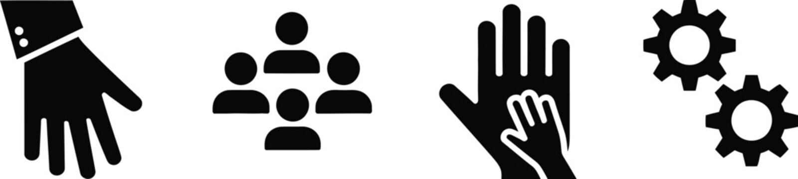 Set of four black silhouette including a hand, a group of people, a helping hand gesture, and two interlocking gears, isolated on a white background, for business concepts