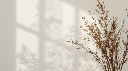 Obraz premium Dried grass branch botanical silhouette minimalist interior with soft window shadow