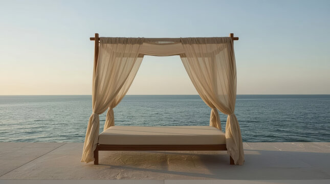 Minimal coastal daybed with flowing fabric canopy overlooking calm blue ocean under soft sunlight