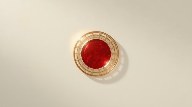 Red glass wall light with golden circular frame casts shadows