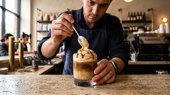 Barista Spoonings Banana Bread Cold Foam Over Oat Milk Espresso Latte in Specialty Coffee Shop
