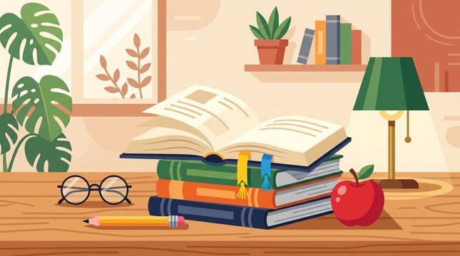 Glossy red apple beside an open textbook and stacked books, creating a classic education concept representing reading, knowledge, studying and academic learning.