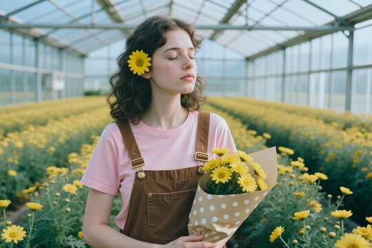 Young adult Caucasian woman holding flower bouquet and standing in greenhouse, conveying sustainable floriculture and mindful lifestyle. Useful for gardening, wellness, eco branding