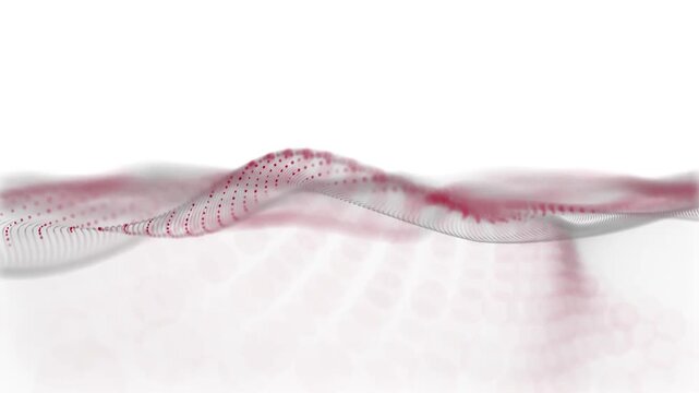 An abstract animation with a clean white background featuring red and gray digital particle waves moving smoothly (looping).