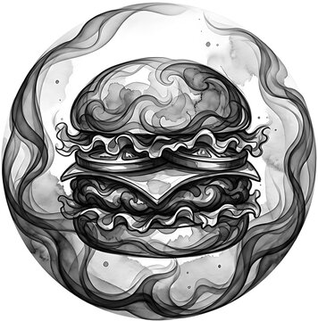 Stylized burger illustration with smoke swirls, monochrome cheeseburger art, artistic fast food logo design in circular frame