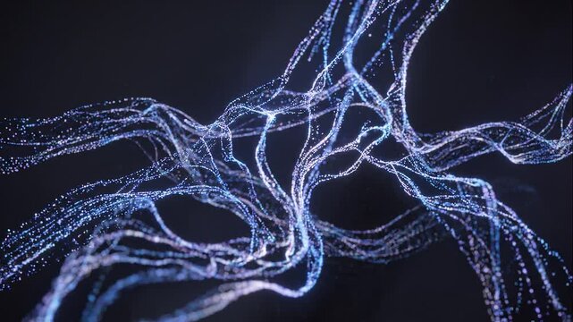Abstract Glowing Neural Data Network Flowing Blue Particles. 4K Video