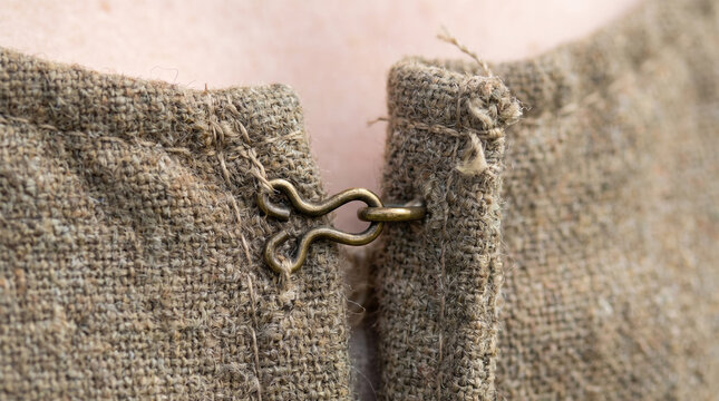 Metal hook and eye clasp on rough linen garment with loose threads