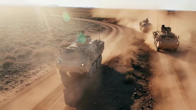 Military convoy driving armored vehicle on desert road. Soldiers patrolling through dust in arid wasteland. Modern combat transport strategy in dry landscape zone.