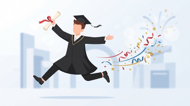 Faceless male student performing an enthusiastic graduation jump while holding a red-ribbon diploma, with stars and streamers symbolizing academic success.