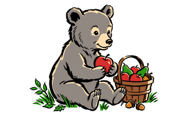 Cute bear cub sitting with a basket of fresh apples and pears illustration. Vintage wildlife design for t-shirt print and poster. © Tri