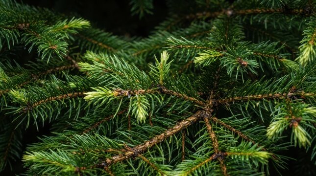 Merry Christmas Detailed close up of fresh green spruce needles on tree branch showing natural texture for winter holiday nature background